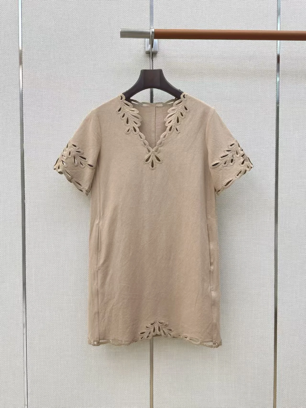 Women Lady New Fashion Casual Summer Hollow Laciness Short Sleeve V-neck Cut-out Straight Openwork Loose Short Mini Party Dress