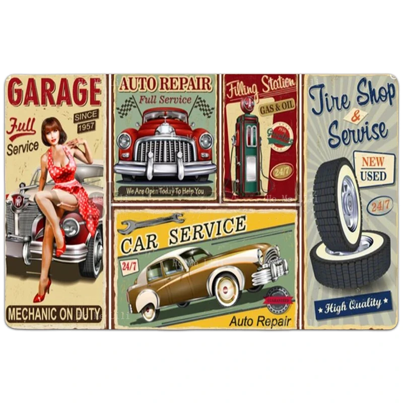 Vintage Car Metal Signs Garage Hot Rod Gas Station With Red Sedan Retro Carpet By Ho Me Lili For Home Floor Decor Rug