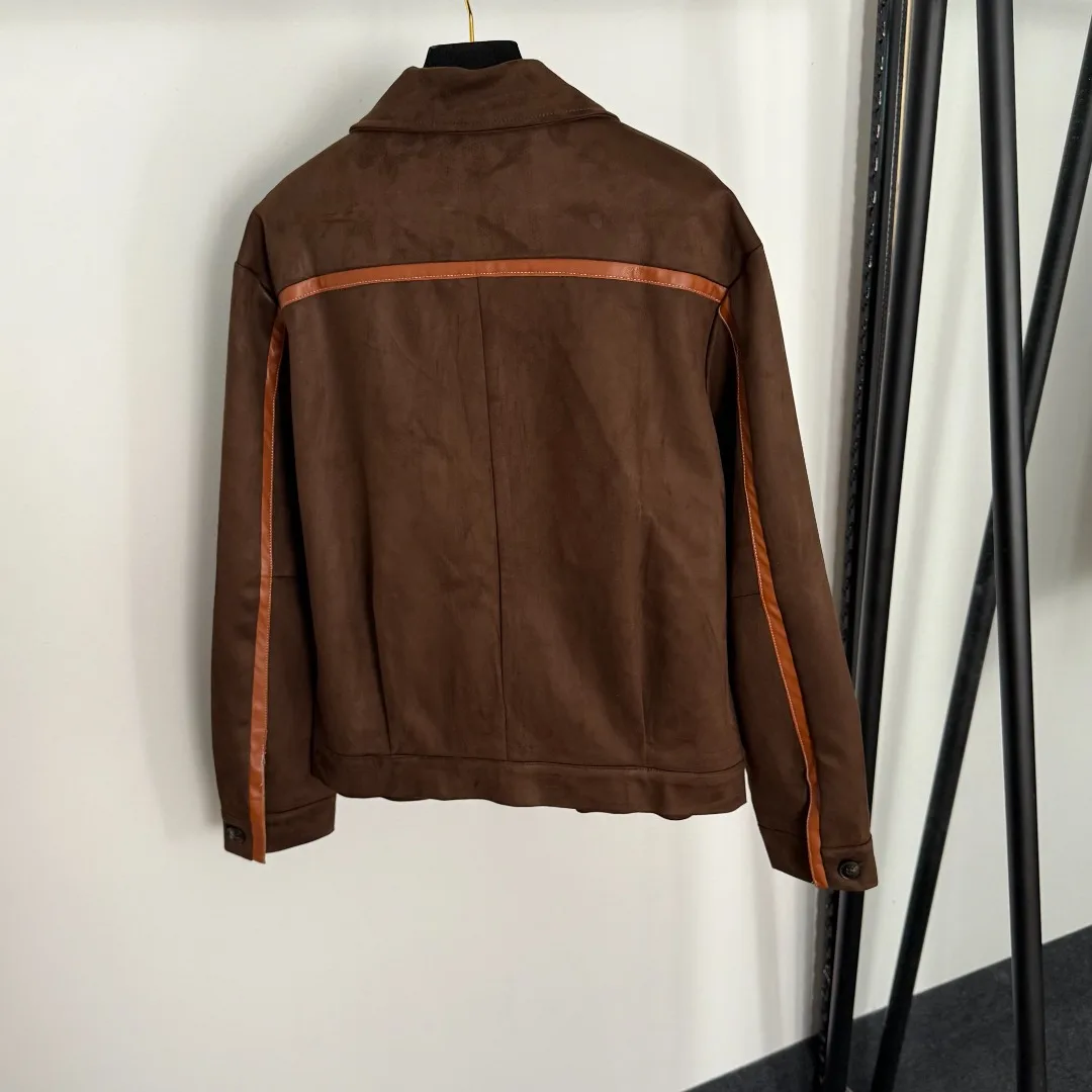 

2025 New Women's Autumn and Winter New Patchwork Leather Edged Lapel Long Sleeve Zipper Deerskin Velvet Jacket Khaki Brown