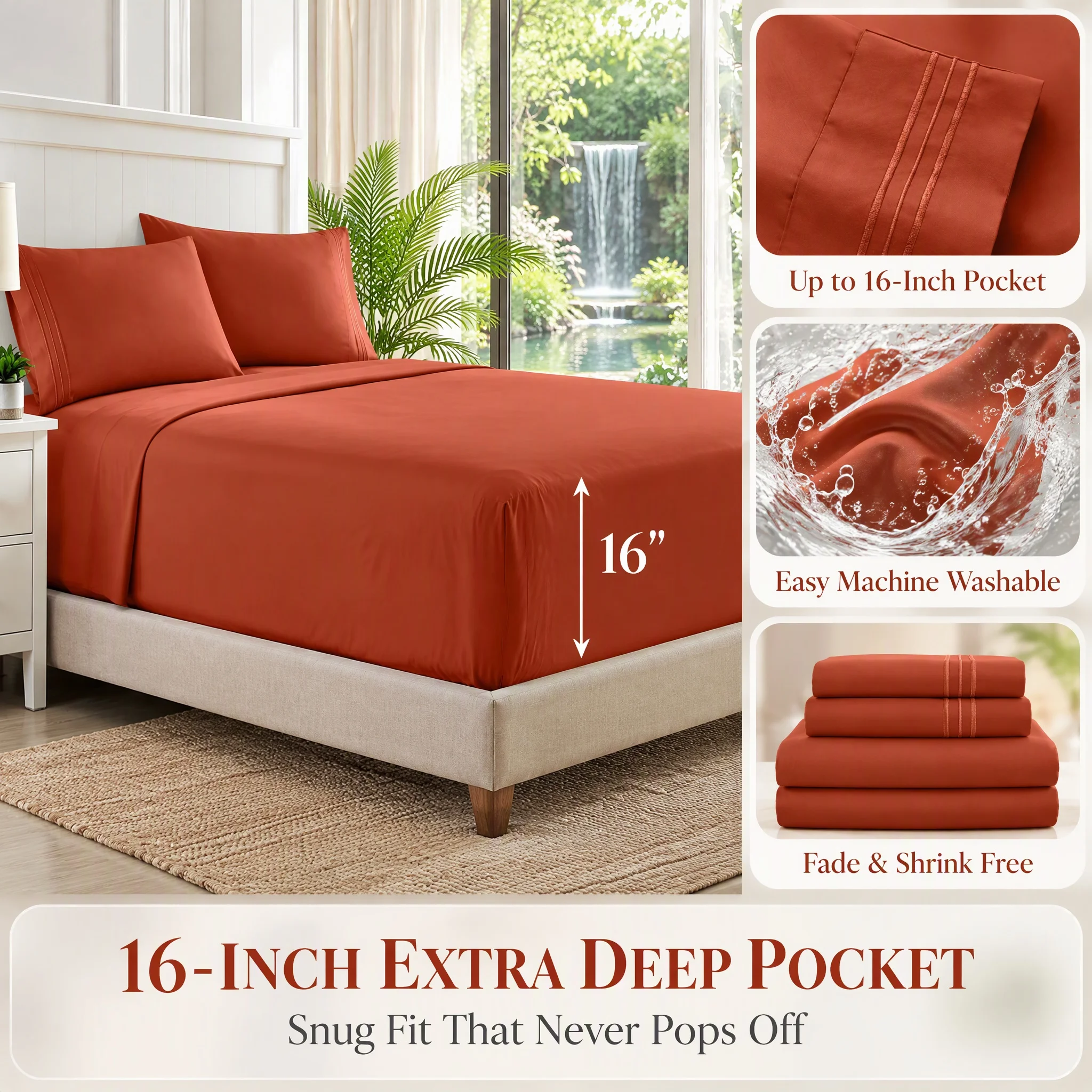 4-Piece Extra Soft Bedding Set, Deep Pocket Bed with Full Elastic & Built-in Secure Corner Straps, Breathable All Season Bed Sheet Set for Bedroom, Multiple Sizes Available