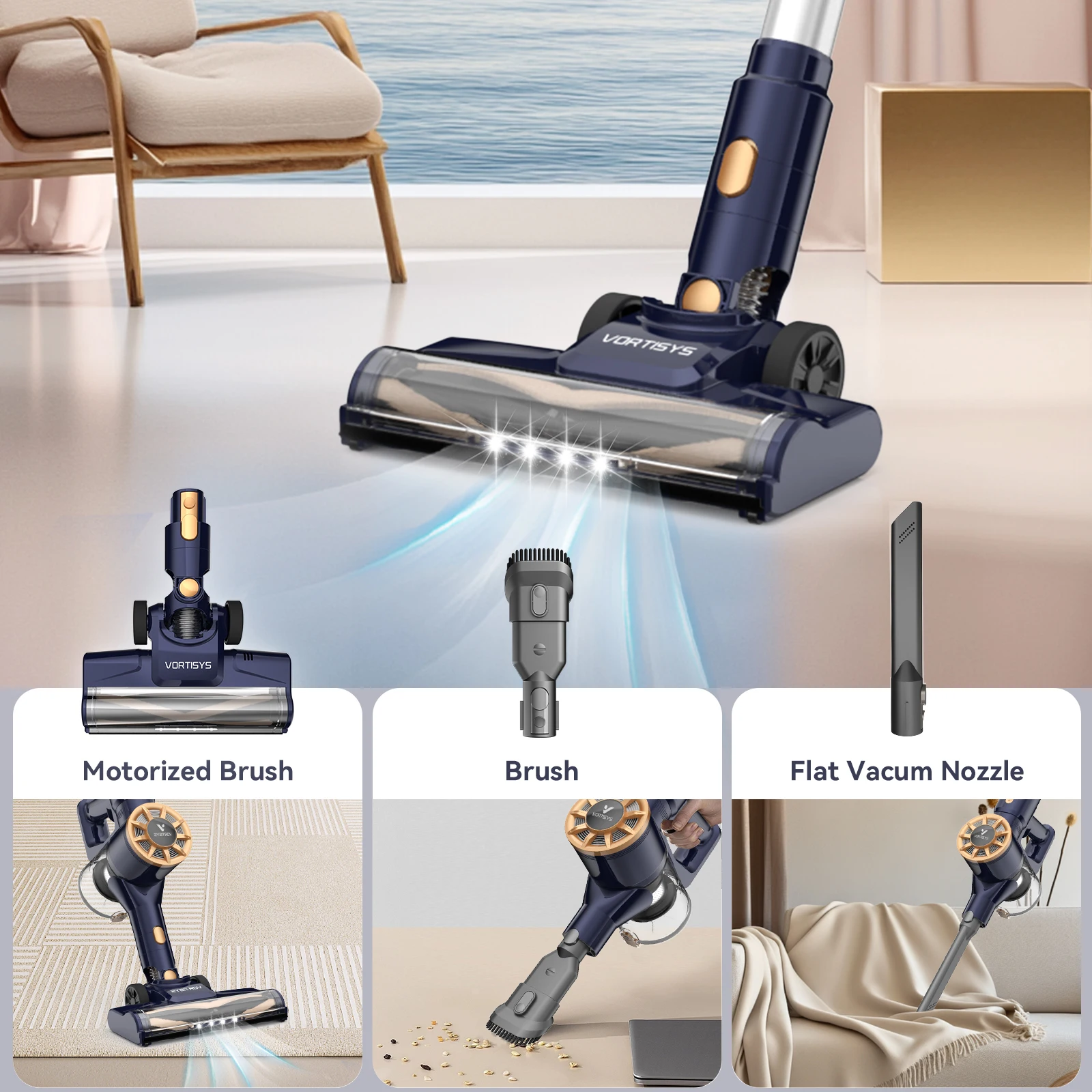 مكنسة Vortisys N9 الكهربائية 55KPA 350W، فلتر 5 في 1، مكنسة كهربائية لاسلكية 55 دقيقة للسجاد وشعر الحيوانات الأليفة
