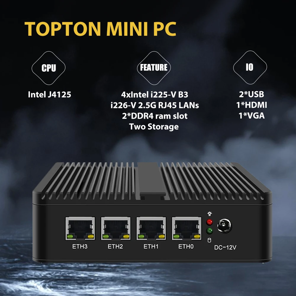 J4125 Fanless 2.5G Router Nano Mini PC 4 Intel i226 i225 2.5GbE Nics Firewall Router Host PC OPNsense VMware ESXi Proxmox AES-NI