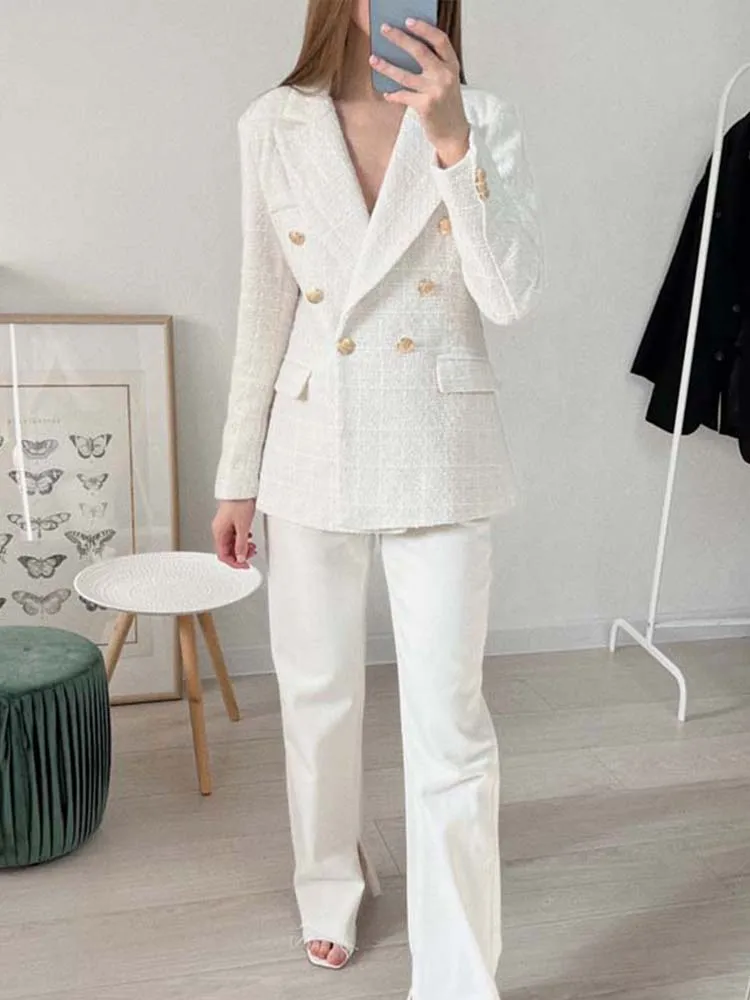 TRAF Women Blazer Jacket 2024 New Fashion Double Breasted Tweed Blazers Coat Vintage Long Sleeve Female Outerwear Chic Tops