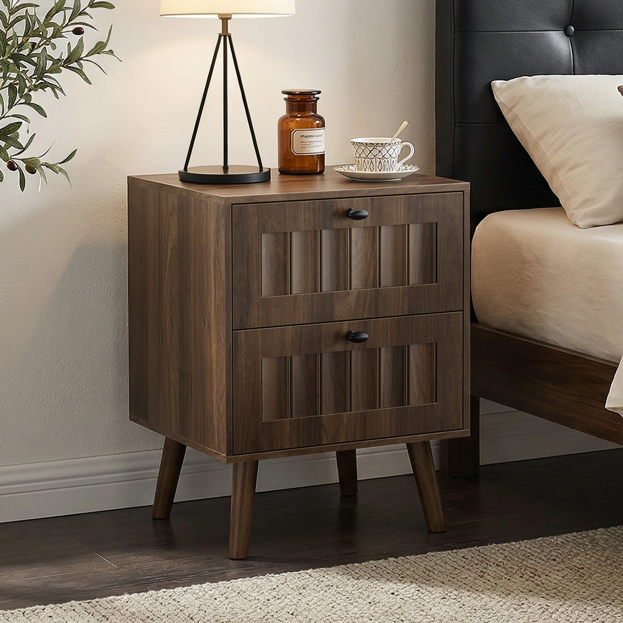 Mesa de Noche Moderna de Mediados de Siglo con 2 Cajones, Mesa Auxiliar Compacta para el Lado de la Cama con Patas Resistentes, Mueble Multiusos para Dormitorio, Sala de Estar, Pasillo, Habitación Infantil, Organizador de Espacios Pequeños para el Lado del Sofá, Mesa Auxiliar para Café, Organizador Práctico con Cajones Espaciosos