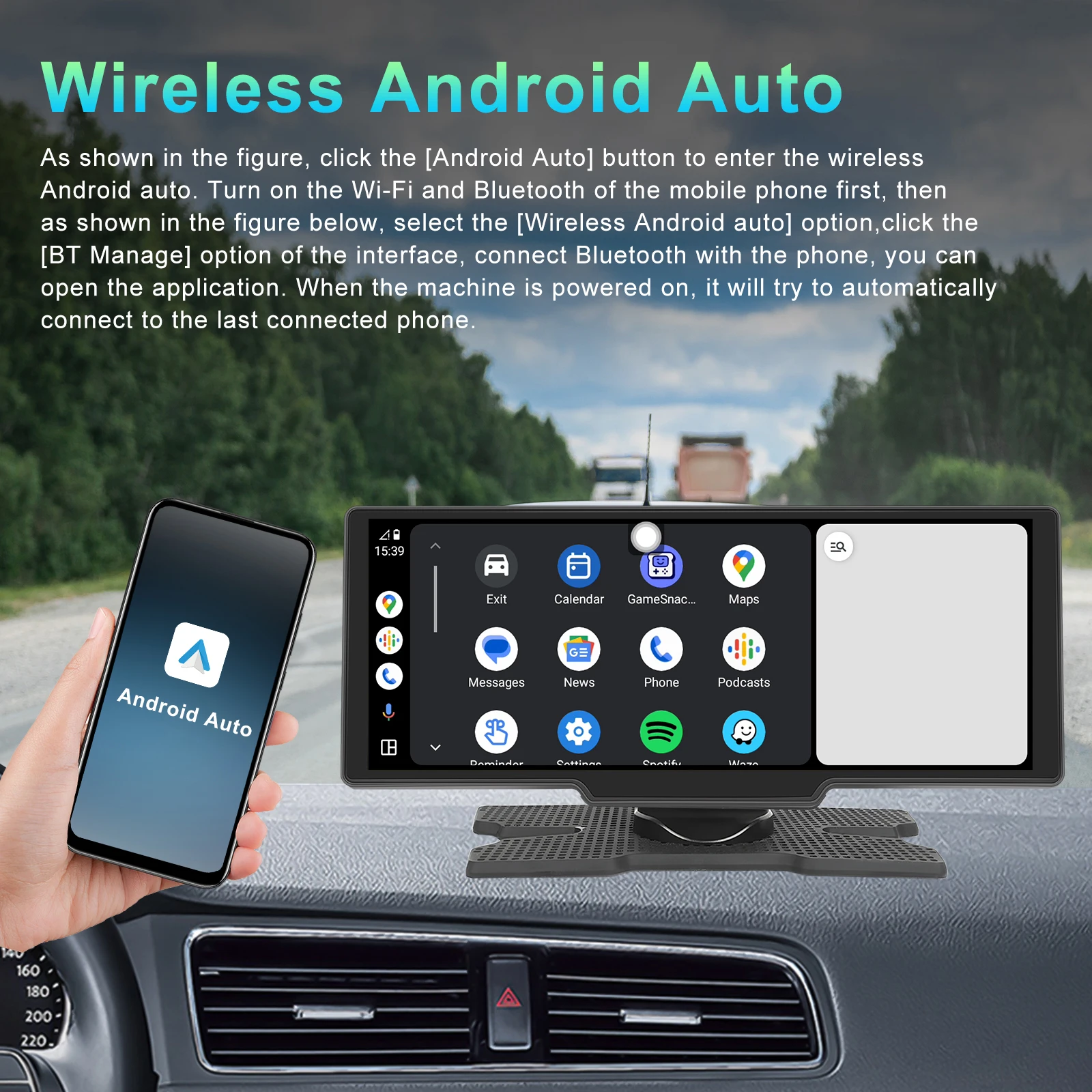 Podofo Wireless Carplay لوحة القيادة الرقمية المحمولة Android Auto 10.26 بوصة مشغل ذكي مع التحكم الصوتي 1080P BT TF