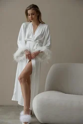 Bride Robe with DETACHABLE Feather Sleeves Long White Satin Silk Robe for Wedding Day Morning Outfits Feathers Dressing Gown