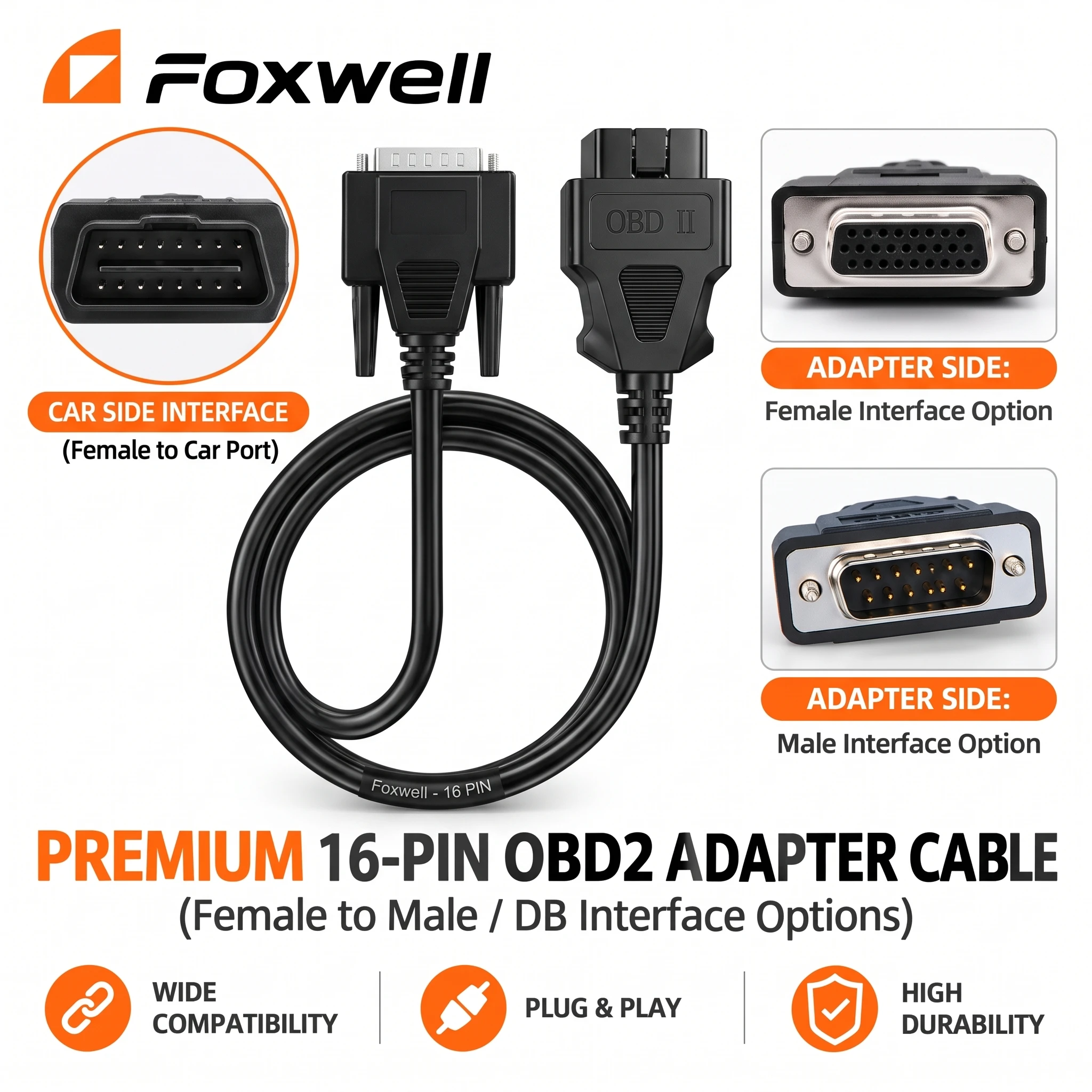 Foxwell Diagnostic Scanner Original Cable OBD2 16 PIN Diagnostic Adapter for NT650/ NT624/ NT604/ NT614/ NT644 Elite/NT630 Plus