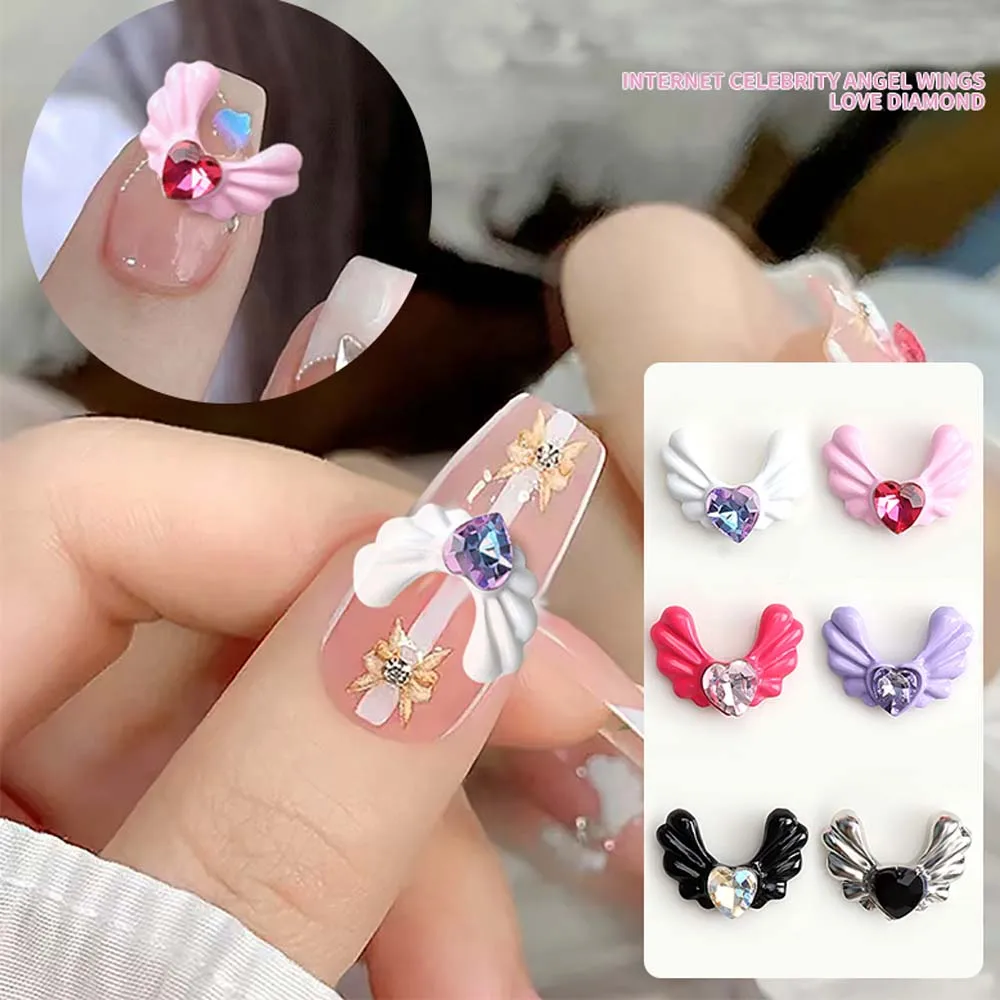 

10Pcs Angel Wing Nail Art Charm 3D Wing Design Inlaid Pink/AB Heart Shape Crystal Diamond Nail Decoration DIY Wing Nail Supplies