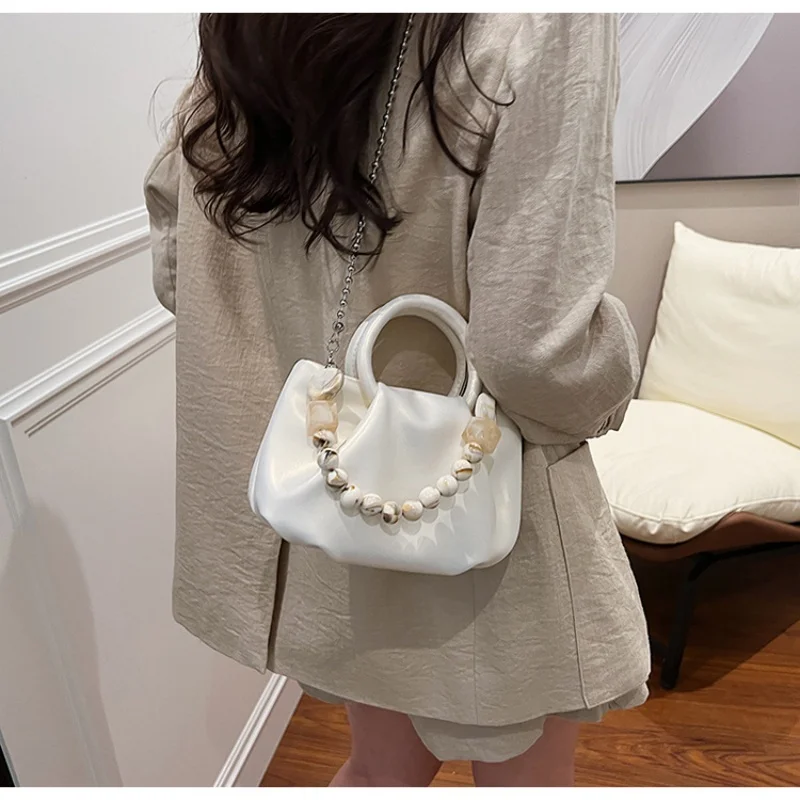 Pearl Luster Small Handbag Silver Chain Crossbody Ladies Bag Elegant Beaded High-End Niche 2024 New Single Shoulder Cloud Bag