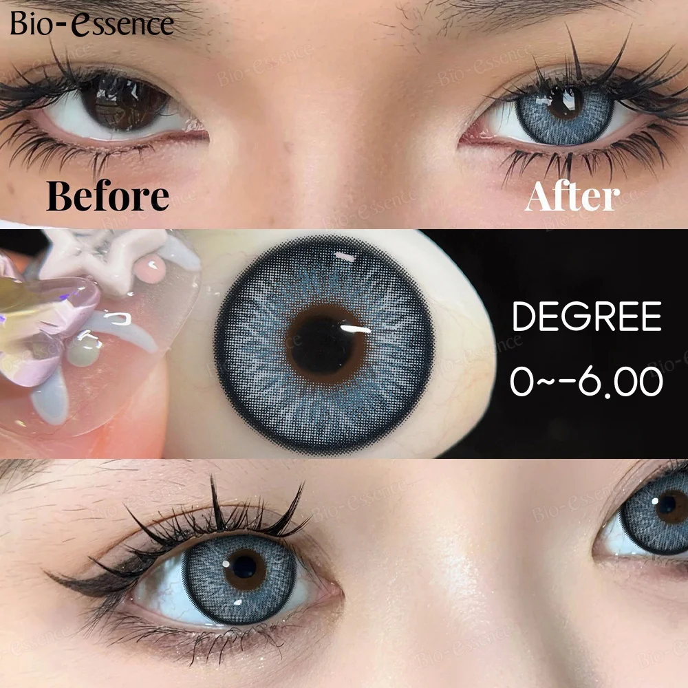 Bio-essence 0~-6.00 Myopia Lenses 1 Pair Colored Contact Lenses with Degree Natural Look Eye Contact Prescription Lenses Blue