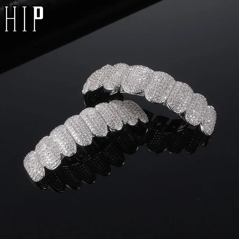 Hip Hop Full CZ Stones Teeth Grillz Caps Cubic Zircon Iced Out Micro Pave Top&Bottom Charm Grills Set For Men Women Jewelry Gift