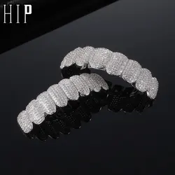 Hip Hop Full CZ Stones Teeth Grillz Caps Cubic Zircon Iced Out Micro Pave Top&Bottom Charm Grills Set For Men Women Jewelry Gift