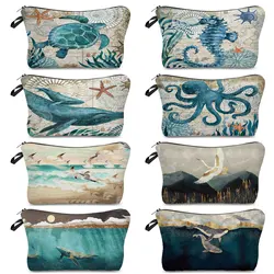 Nature Marine Life Cosmetic Bag For Teacher Appreciation Gifts Sea Horse Whale Animal Print Pouch Makeup Fashion Toiletry Kit