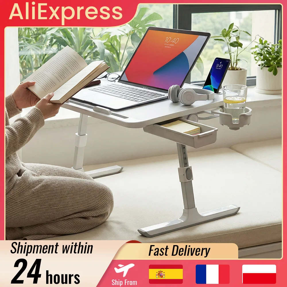 Mesa Plegable para Cama, Bandeja para Cama con Altura Ajustable, Soporte para Laptop, Mesa Auxiliar con Portavasos y Cajones, Capacidad de Carga de 15 kg