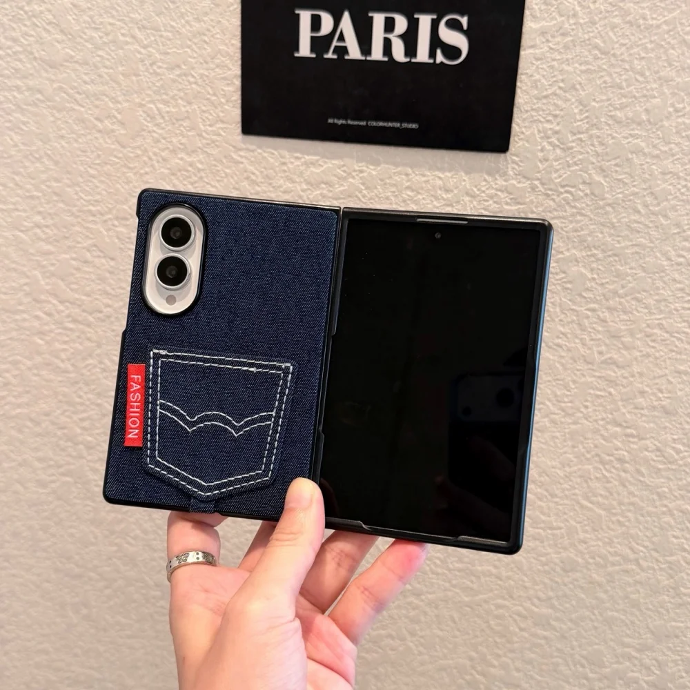 Ins Retro Denim Pocket Phone Case For Samsung Galaxy Z Fold 8 Z Fold 8 Ultra Z Fold 7 Cover, With Charm Fashion Shockproof Cases