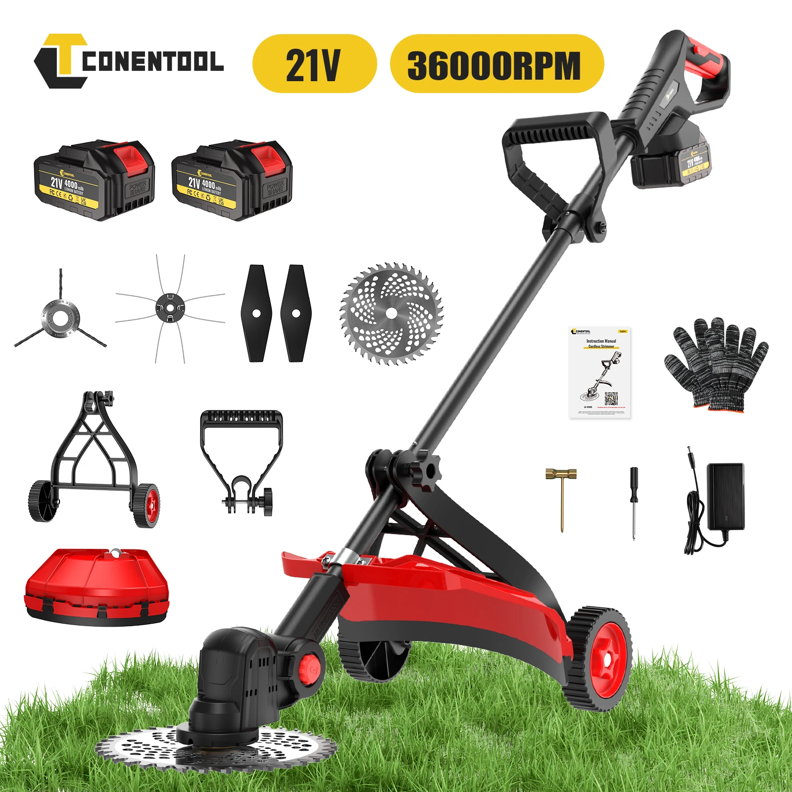 CONENTOOL 10 Zoll Bürstenloser Elektrischer Rasentrimmer Kabelloser Rasenmäher mit Rad 2x4000mAh Akku für Makita 18V Akku