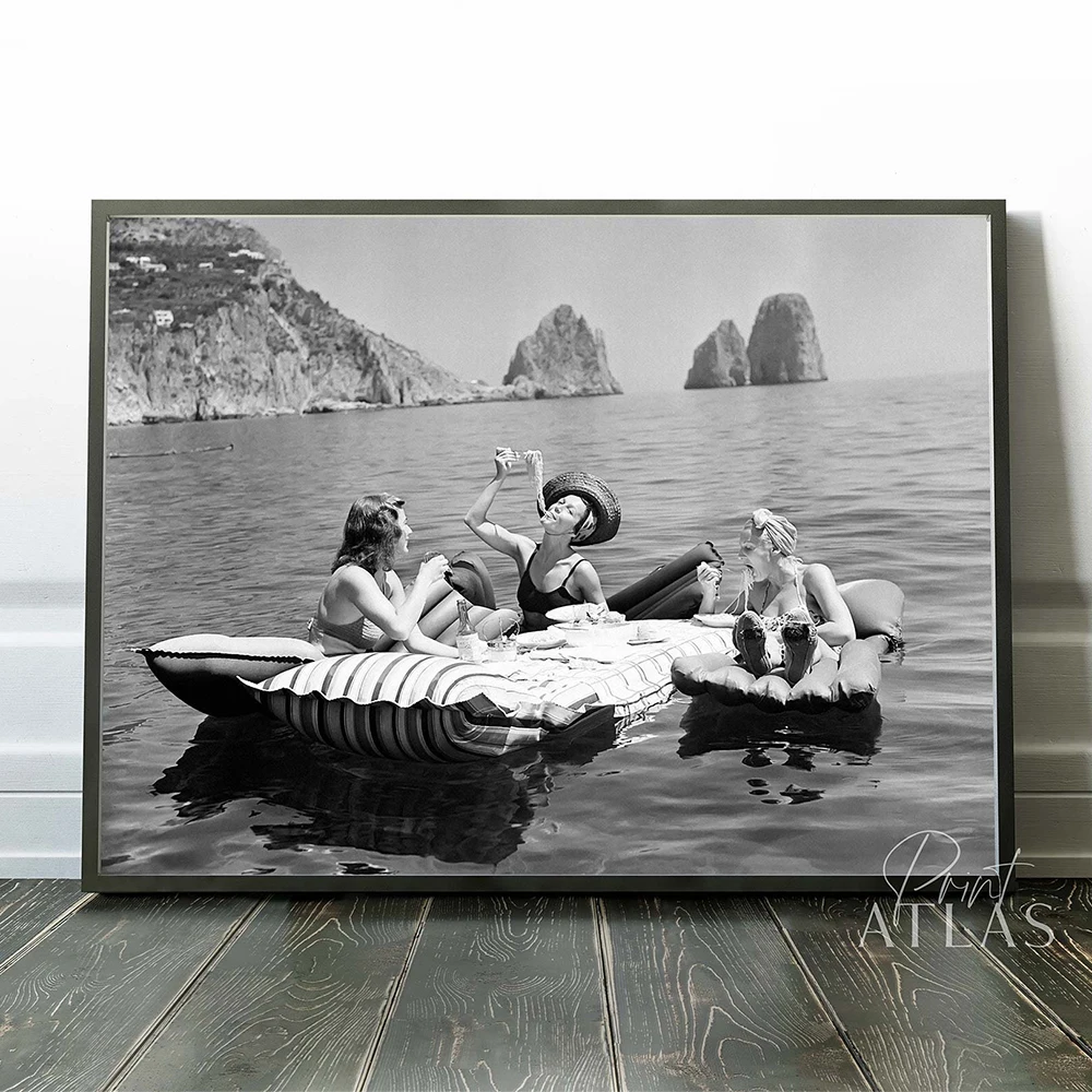 Floating Luncheon Poster Print Three Young Women Eat Spaghetti on Inflatable Mattresses At Lake of Capri 1939 Premium Picture