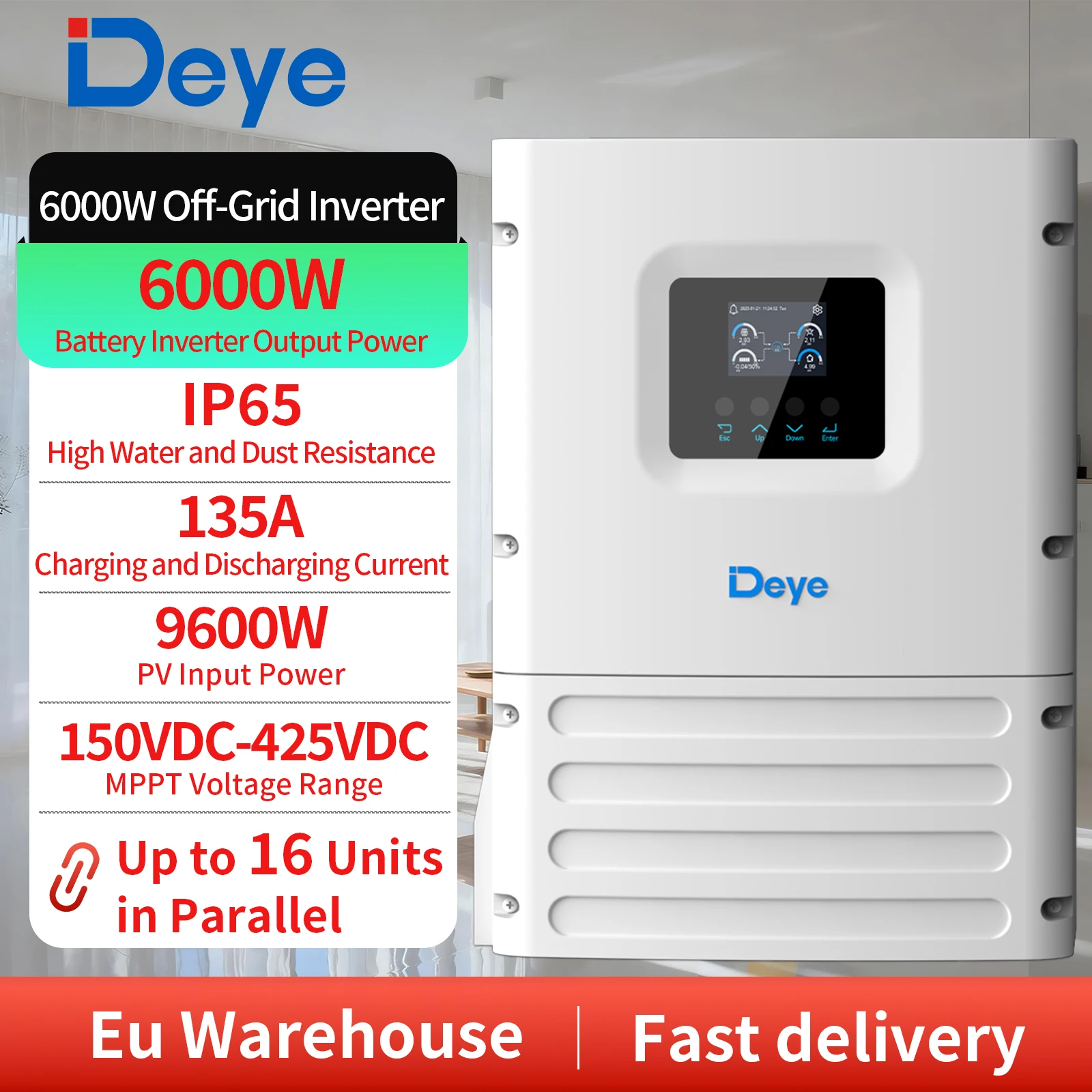 Deye 6000W Off-Grid Inverter 6kW with 9600W PV Input 135A Charger IP65 Outdoor Built-in WiFi Zero Export to Grid for Renewable E