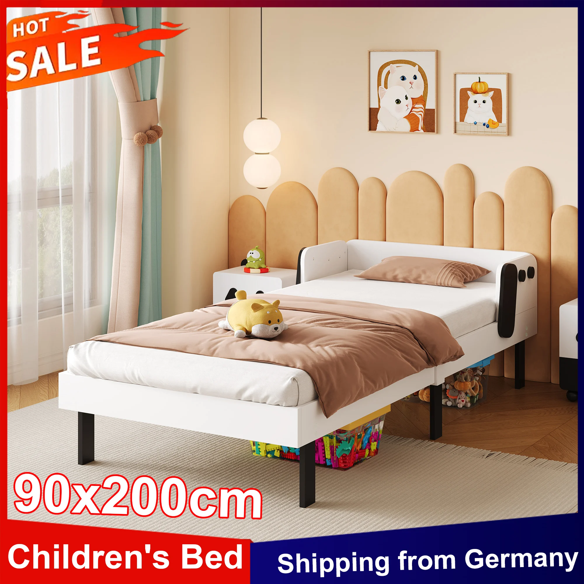 Anajqaqia 90 x 200 cm großes Einzelbett, Kinderbett im Welpen-Stil, Massivholzbettrahmen mit Lattenrost, gepolstertes Bett für Jungen, Mädchen