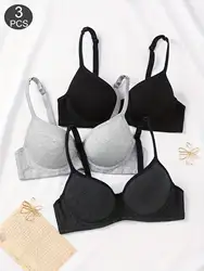 3-piece women's cotton underwear, glossy steel ring support, push up padded, intimate bralette bra , comfortable daily wear