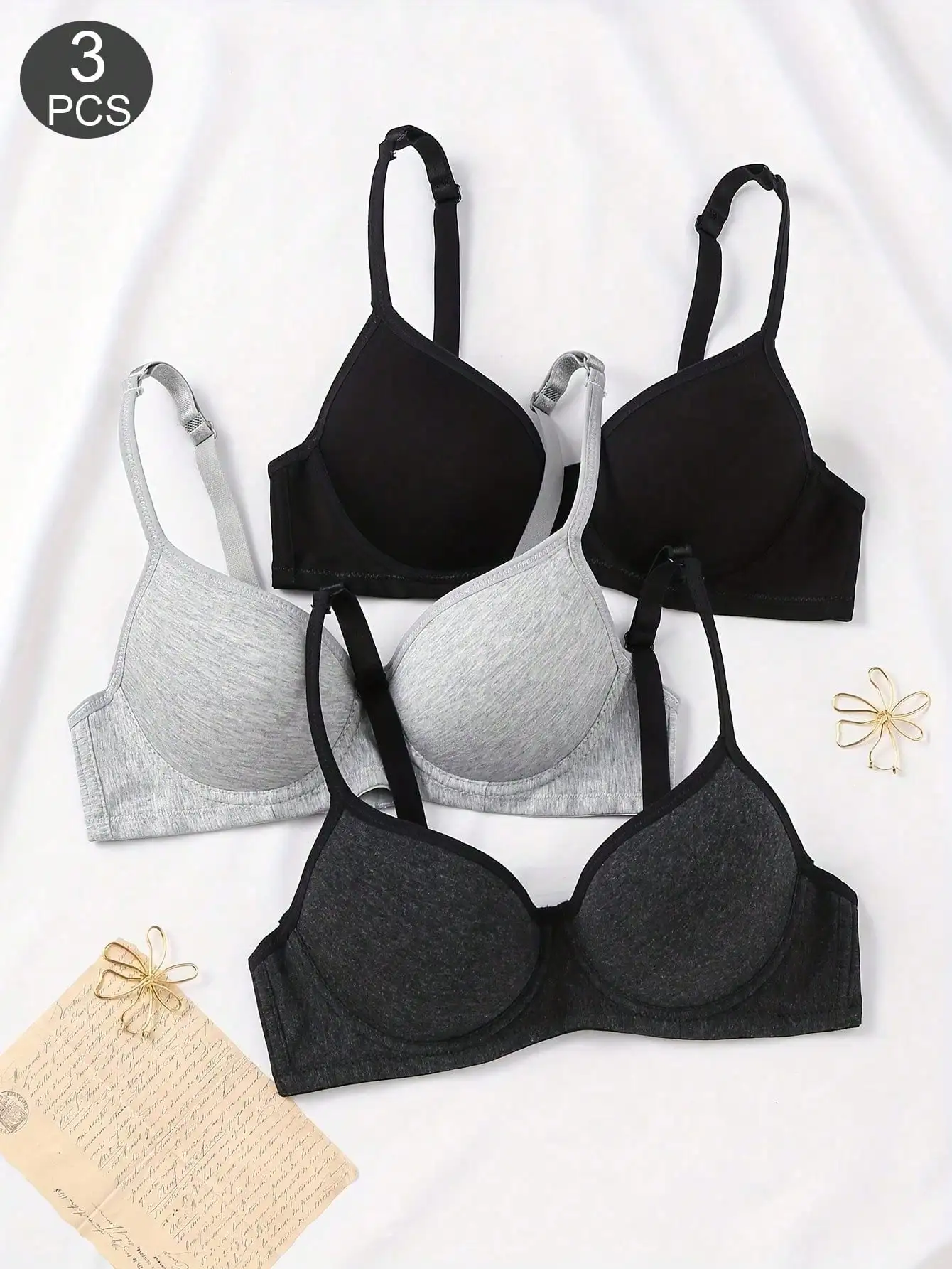 3-piece women's  cotton underwear, glossy steel ring support, push up padded, intimate  bralette bra , comfortable daily wear