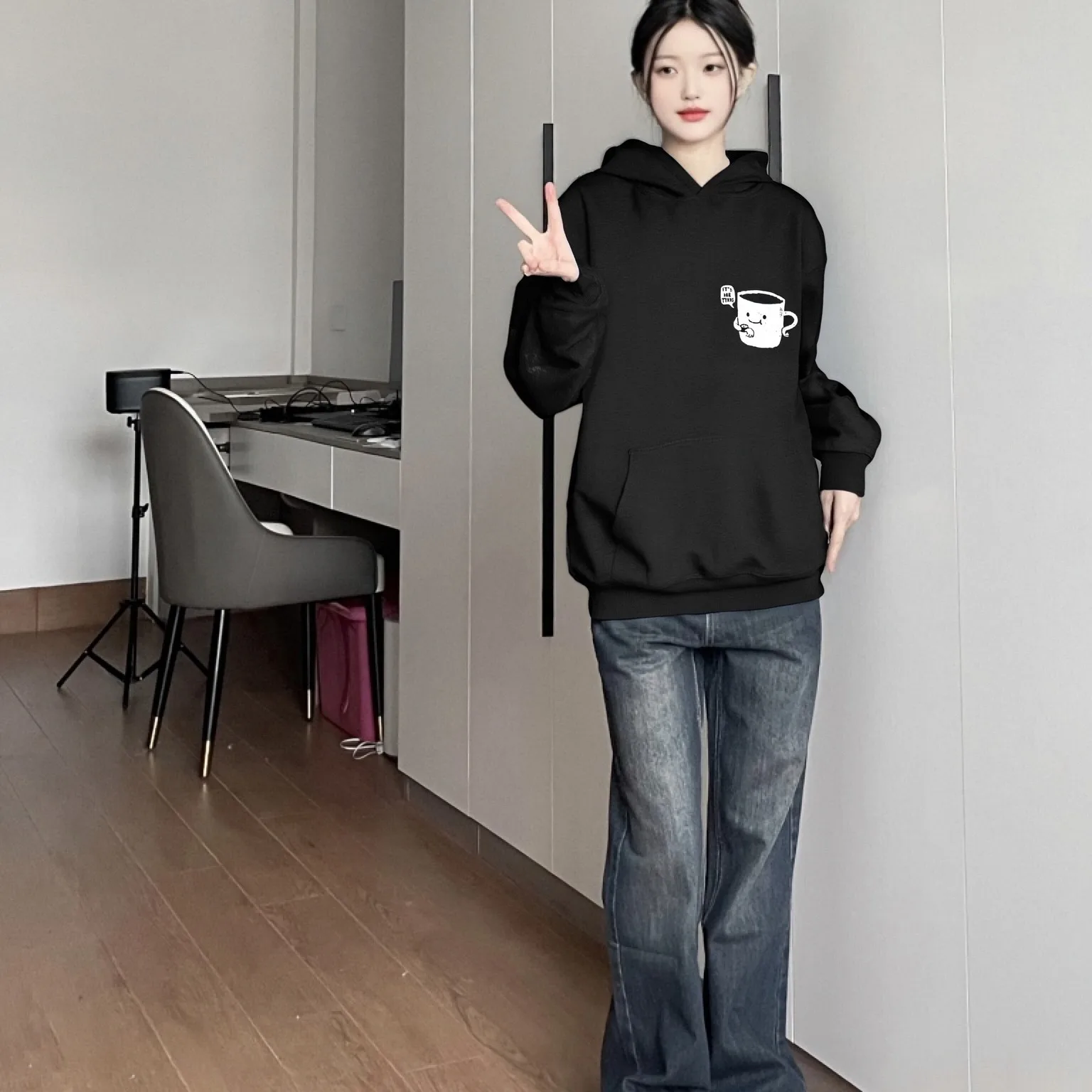 

Coffee Lovers Cotton Hoodie Cartoon Cup Pattern Casual Loose Long Sleeved Funny Amusing Entertaining Charming Comfortable Top