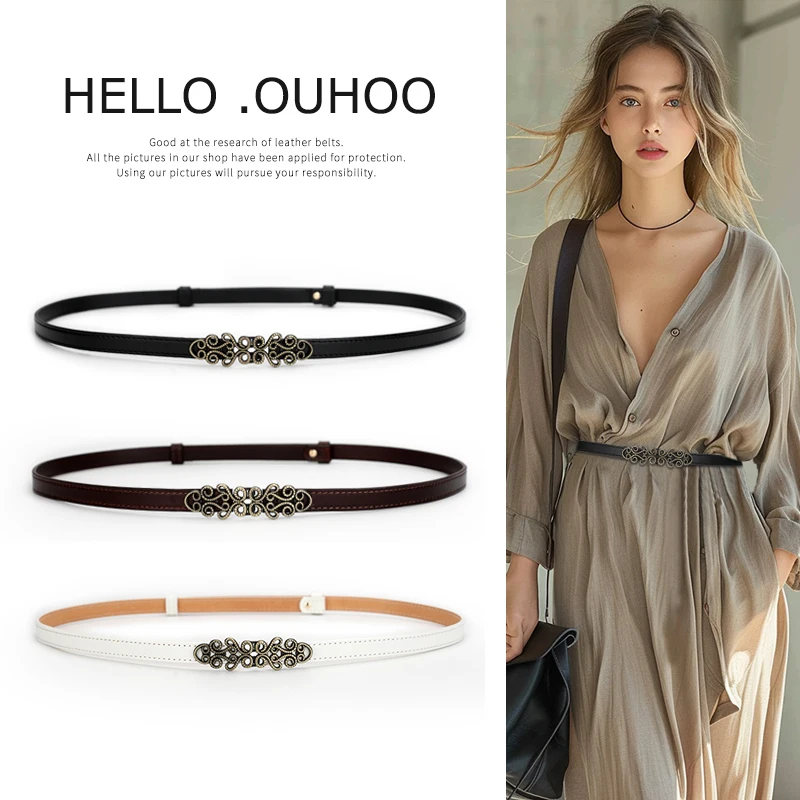 

Fashion Women Skinny Belt Soft Leather Girdle Adjustable Vintage Waist Belt Gold Bronze Color Sculpture Alloy Buckle Waistband