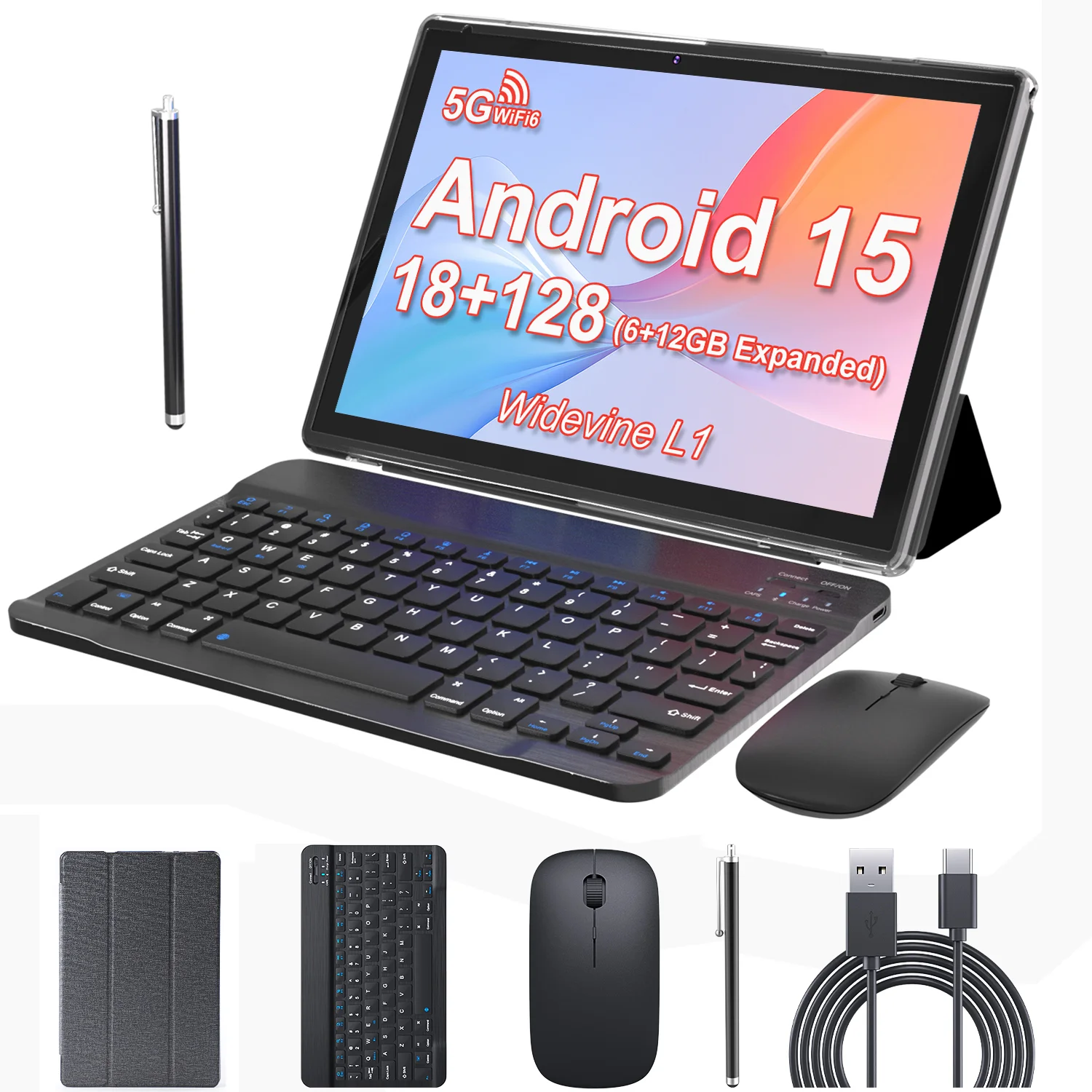 ZZB TABLET Android 15 Tablet 10 Inch, 18GB(6+12 Expand) RAM + 128GB ROM, Octa Core, 5G WiFi, with Keyboard, Mouse, Case