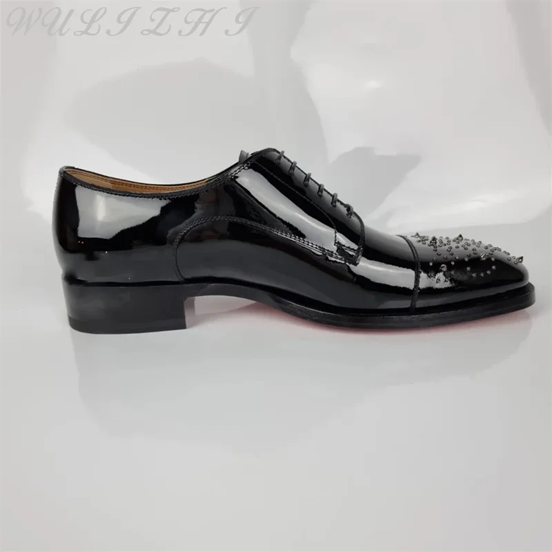 Zwarte Studs Lakleer Heren Formele Schoenen Luxe Veters Business Derby Schoenen Comfort Handgemaakte Oxford Formele Trouwschoenen