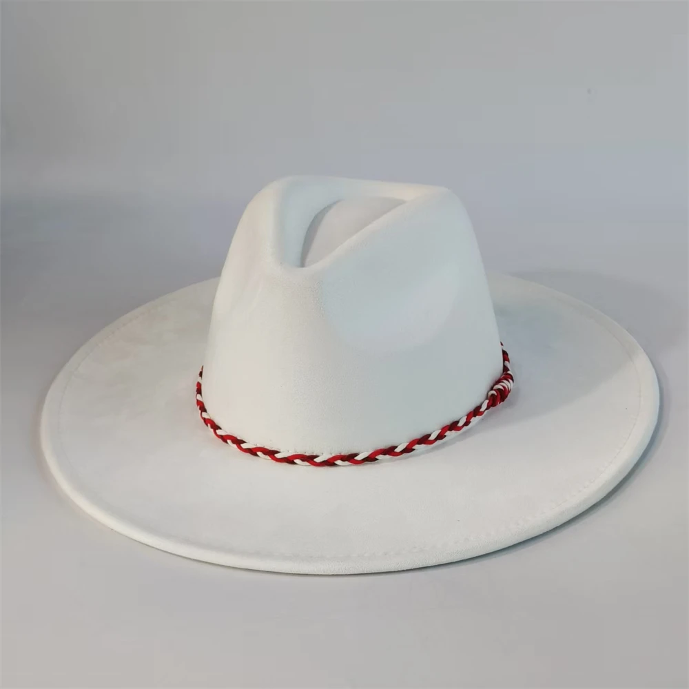 Sombrero fedora de gamuza vegana, cuerda trenzada colorida, sombrero de ala ancha, sombrero de gamuza para mujer, sombrero de copa, sombrero de copa, sombrero para hombre ch