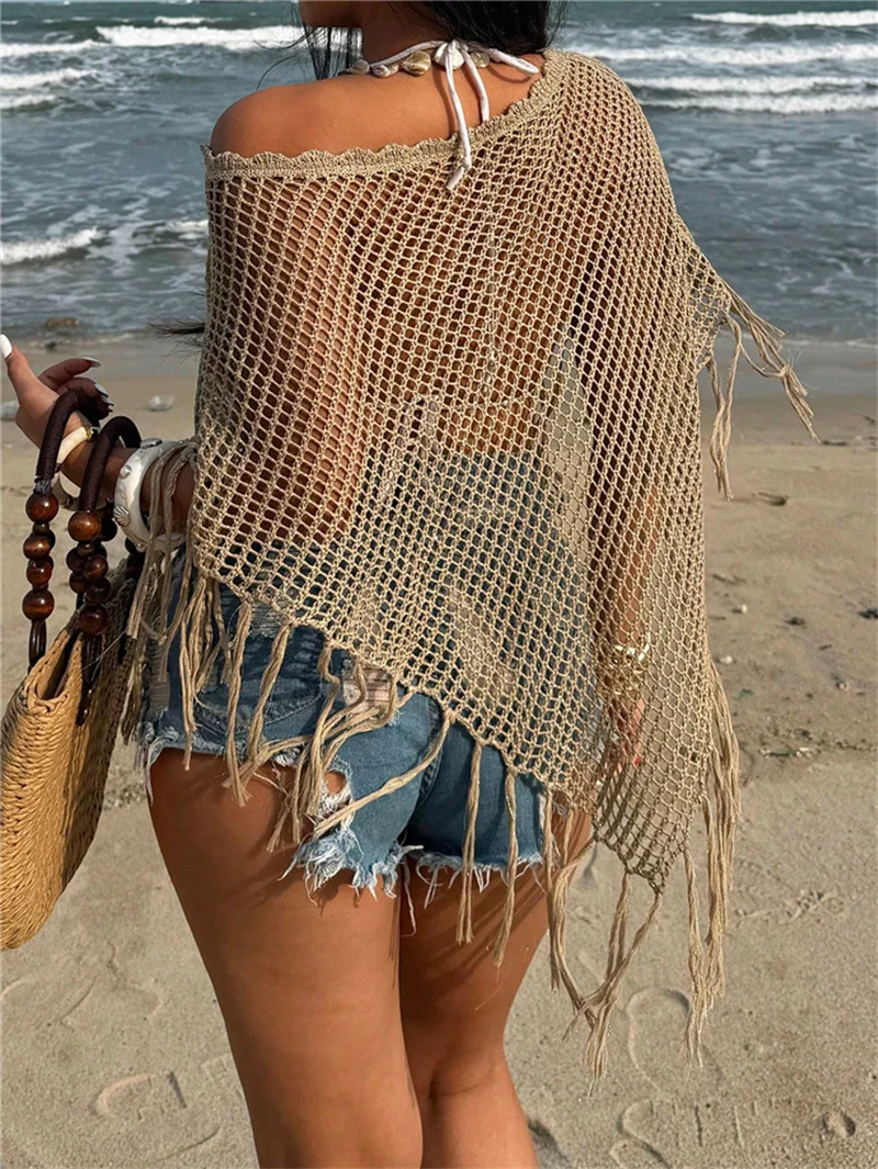 Women's Fringe Tassel Knit Top Vest Shawl Blouse Summer Bikini Cover Up Boho Beach Sexy Crochet Swimsuit Blusa Sunscreen Cape