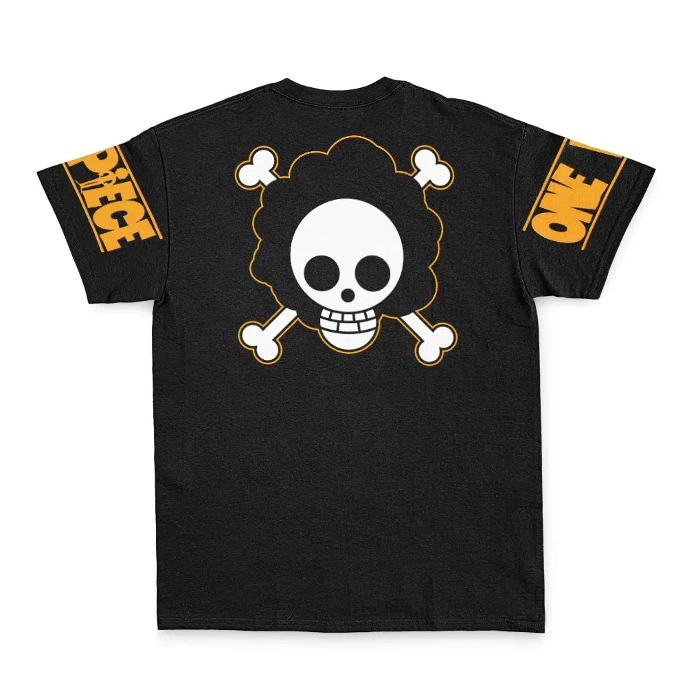 Men's One Piece Brook Dead Or Alive Double Sided T-Shirt, Black Anime Skull Pirate Graphic Cotton Short Sleeve Tee