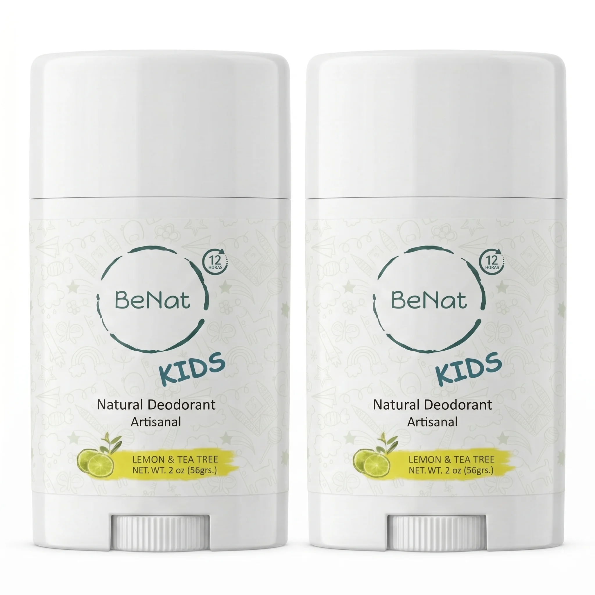 BeNat 2-Pack Natural Deodorant Stick for Kids & Teens - Aluminum-Free Gentle Underarm Odor Care Solid Balm for Sensitive Skin, Daily Freshness