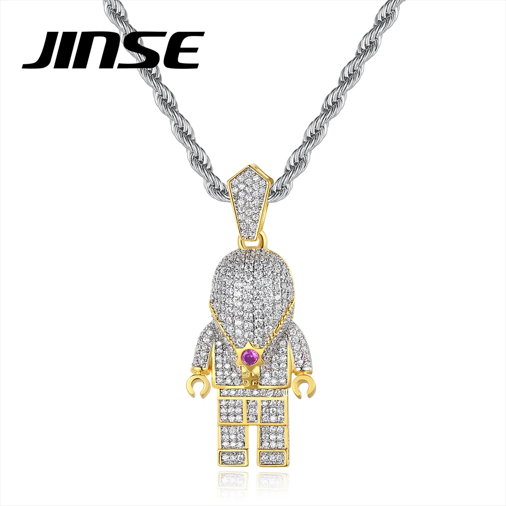 JINSE Gold Plated Zircon Necklaces Cartoon Mens New Design Pendant Chains for Men Boy Hip Hop Accessories