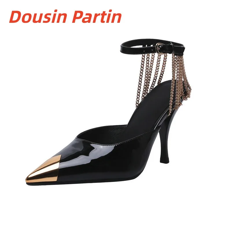 Dousin Partin 2022, sandalias finas con plataforma de tacón alto y correa en el tobillo para mujer, sandalias con punta en pico, zapatos de verano de charol para mujer