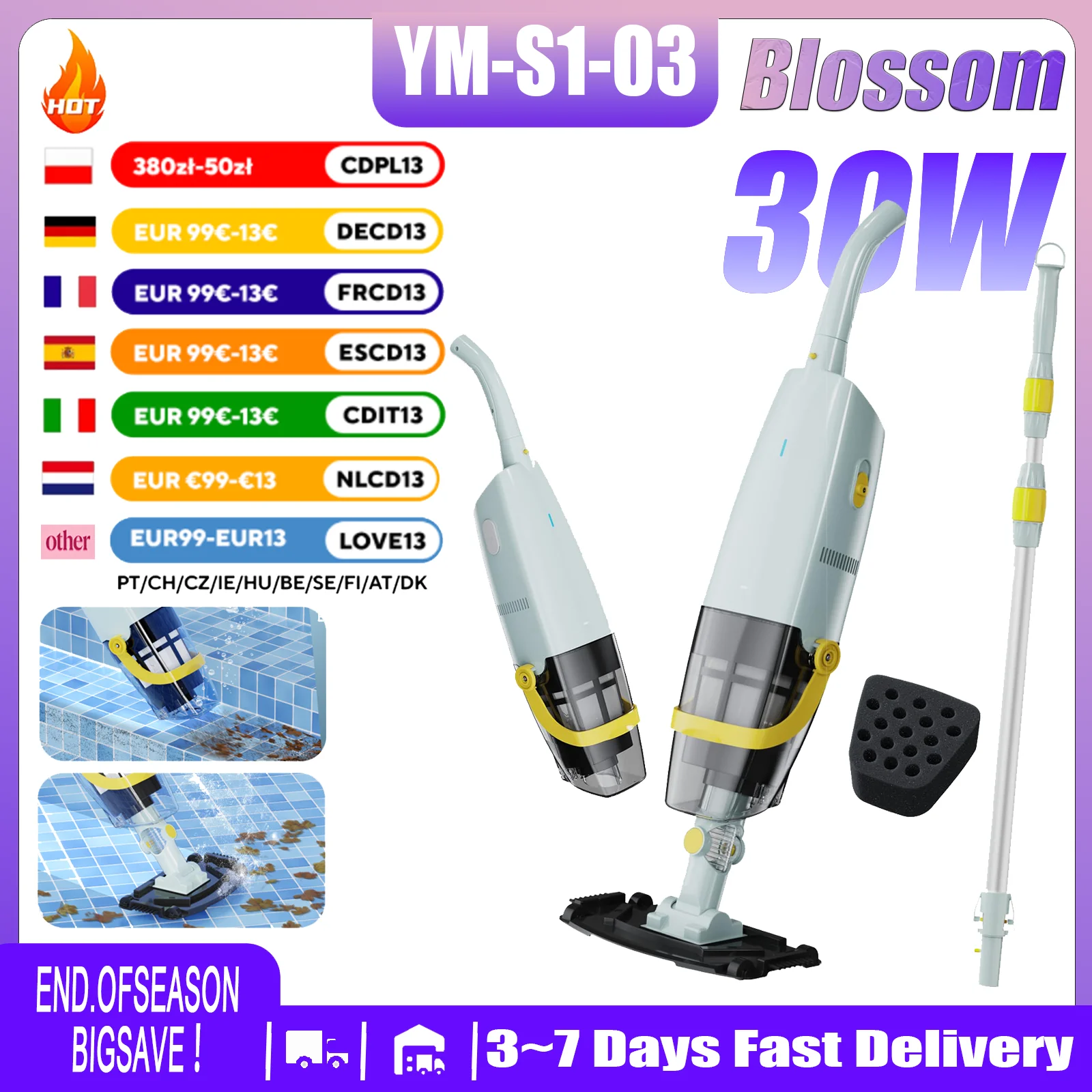 Aspirateur de Piscine Portable Sans Fil Blossom YM-S1-03 | IPX8 Etanche, 60Min d'Autonomie, Filtre 1.3L, Tige Télescopique | Pour Piscines et Spas