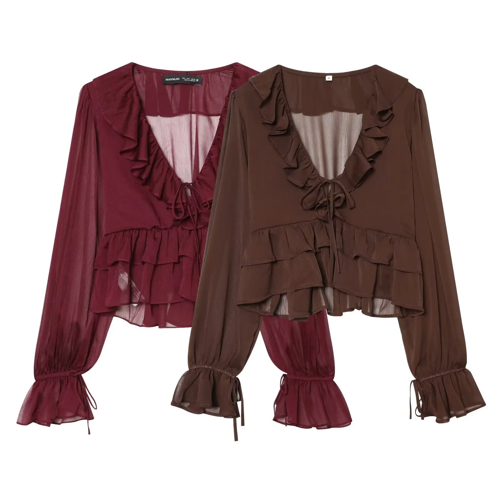 

French Vintage Ruffle Chiffon Blouse Women Summer Deep V Neck Tie Front Sexy Shirts Elegant Layered Mesh Lantern Sleeve Tops