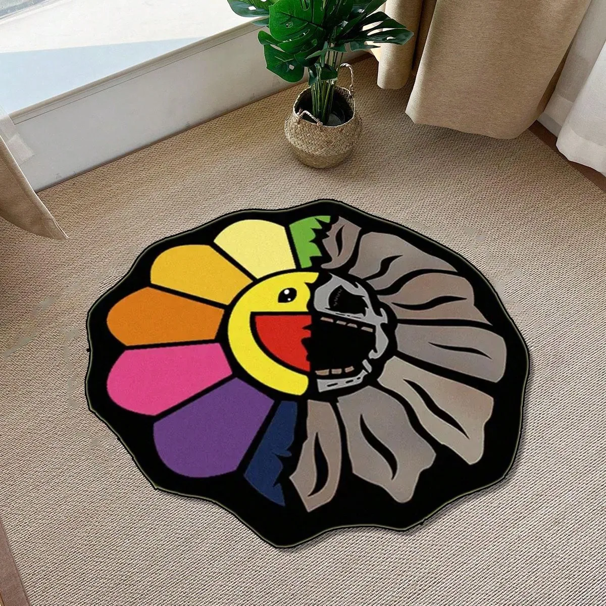 Dark Rainbow Sunflower Patterned Carpet Cartoon Funny Style Living Room Non-Slip Soft Flannel Home Bedside Carpet Gift