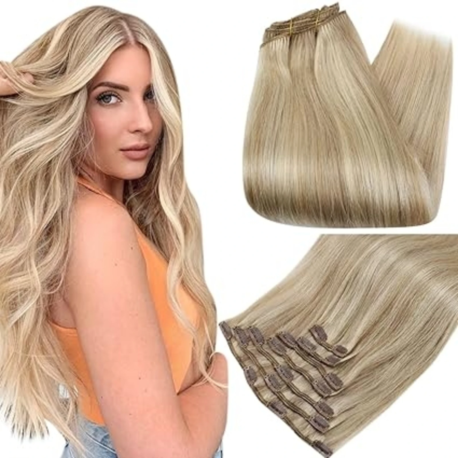 Full Shine 7Pcs 135G Human Hair Double Weft Clip in Hair Extensions Highlights Full Head Natural Clip in Extensions