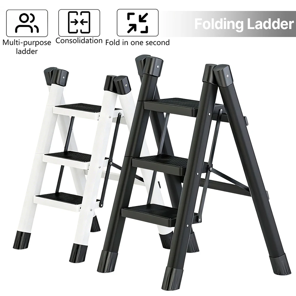 Scala Pieghevole a 3 Gradini Multifunzionale per Casa, Sgabello da Cucina con Ripiano Portaoggetti