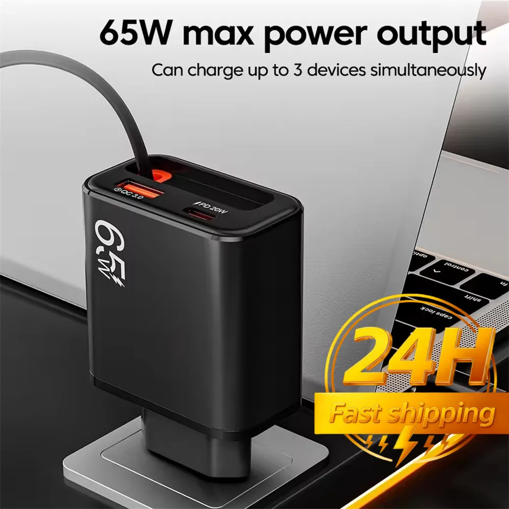 65W USB Phone Charger With Retractable Super Fast Charging Type C Cable For iPhone 17 16 POCO Xiaomi QC 3.0 USB PD Wall Charger