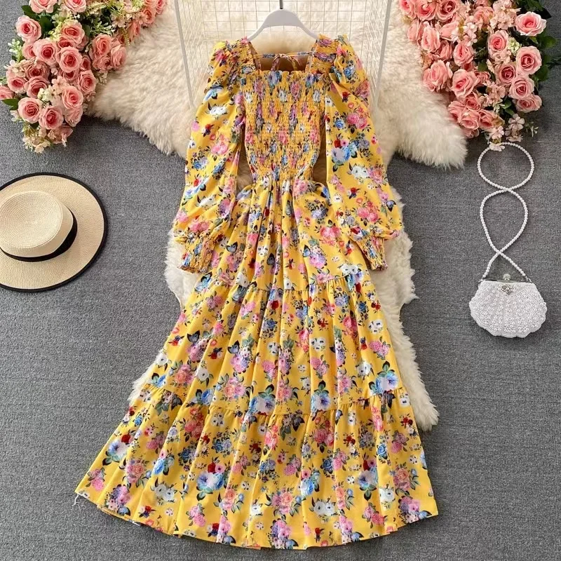 Imagem -03 - Primavera Outono Boêmio Férias Praia Francês Retro Floral Vestido Longo Feminino Elegante Gola Quadrada Puff Manga a Linha Casual Robe