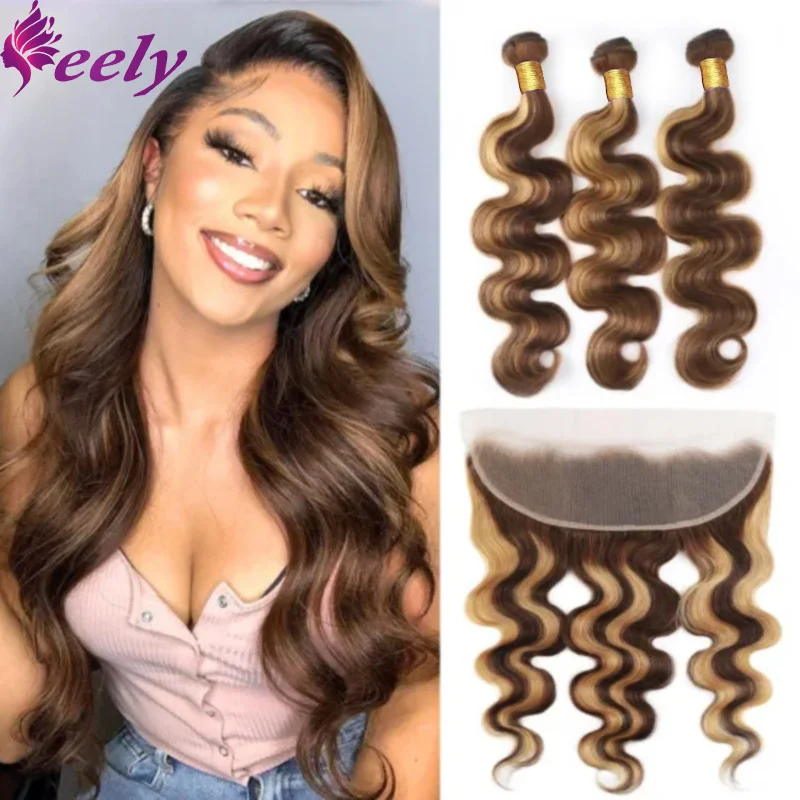 

Body Wave Bundles Human Hair Closure With Frontal #P4/27 Extensions 13x4 Lace Body Wave Honey Blonde 100% Unprocessed Human Hair