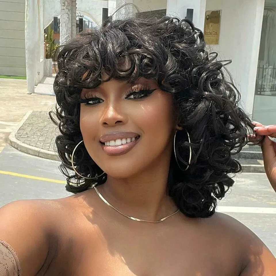 

Bouncy Curly Bob Human Hair Wigs Brazilian Hair Cheap Wig With Bangs Pixie Cut Beautiful Wig Machine Made Afro Funmi Curly Wig