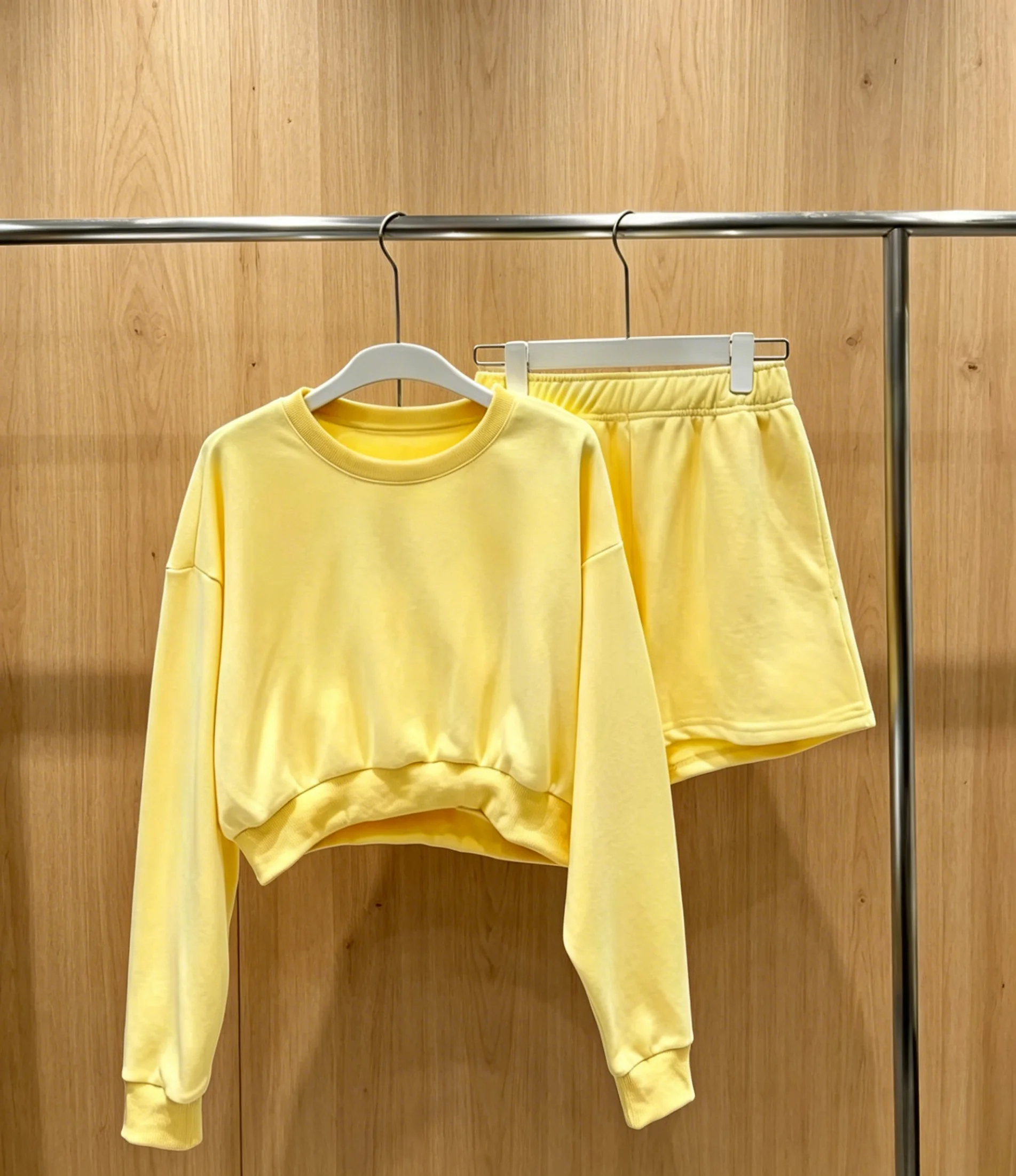 2026 New Style Womens Yellow Crew Neck Cropped Sweatshirt and Elastic Waist Shorts Size M L Comfortable Commuter Style Code 032