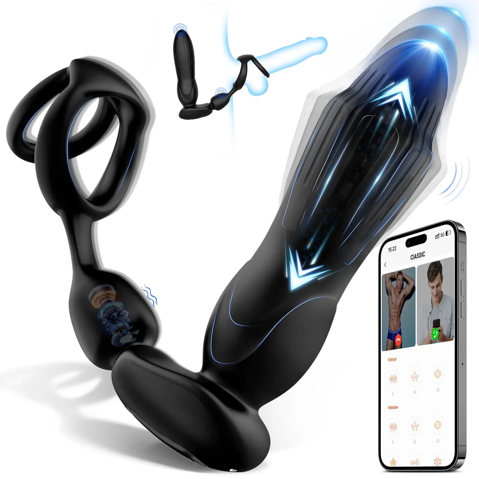 Thrusting Prostate Massager with Expanding Anal Vibrator, 3 Thrust Modes, 9 Vibration Settings & Penis Rings for Men 3-in-1 Toy.