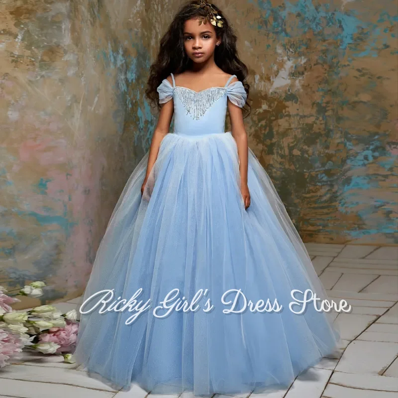 Customized Off Shoulder Princess Flower Girl Dresses For Wedding Blue Tulle Puffy Birthday Party First Communion Pageant Gown