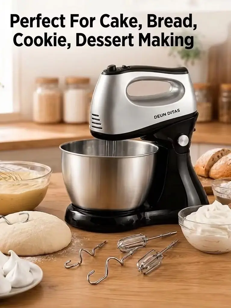 2-in-1 Elektrische Küchenmaschine mit Edelstahlschüssel, Premium Hand- und Standmixer mit Knethaken und Schneebesen für Hausgemachtes Backen von Kuchen und Brot