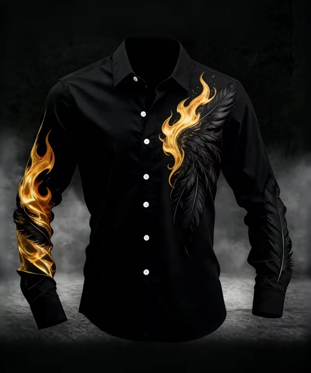 Men Black Shirt Red Rose Floral Print Long Sleeve Lapel Button Down Gothic Streetwear Party Shirts