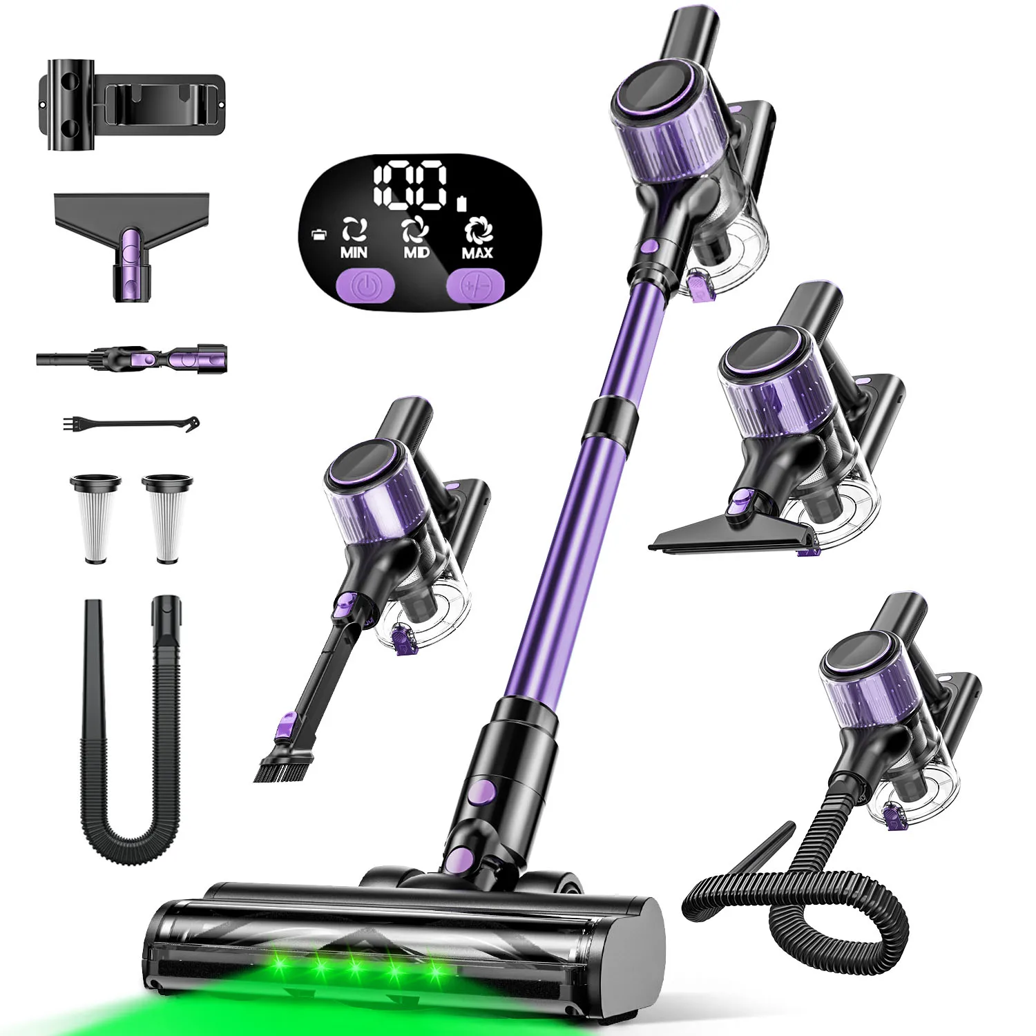 Aspirador de Pó Sem Fio 10 em 1 com Sucção Poderosa, Mangueira, Luz LED Verde e Escova Anti-Emaranhamento. Leve e Recarregável, Ideal para o Lar, Pisos de Madeira e Carpetes.